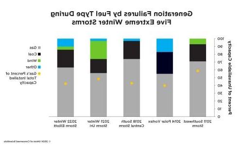 A figure labeled "Generation Failures by Fules 类型 During Five Extreme Winter Storms" showing that gas plants accounted for most of the failed capacity in five recent extreme winter weather events.